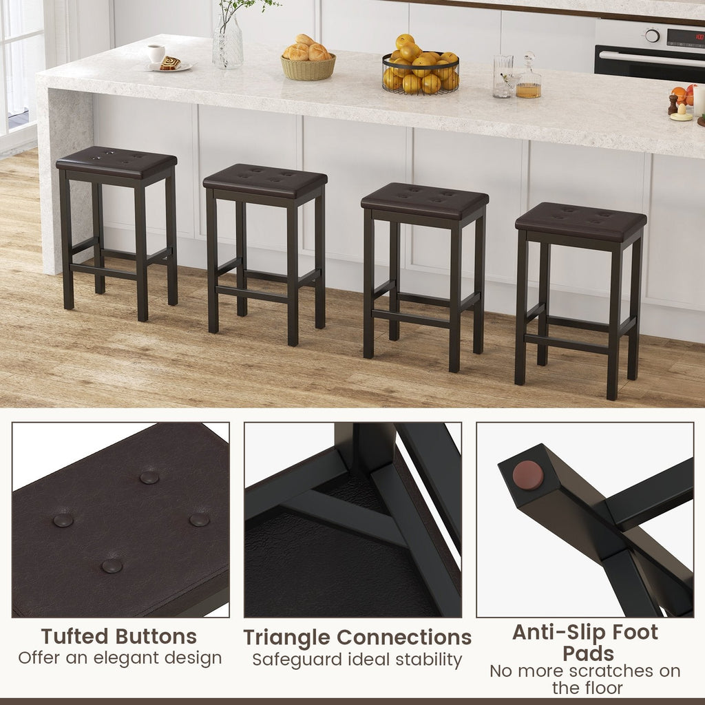 Backless Counter Stools with Button Tufted Brown Seat and Black Frame, 24 Inch Seat Height