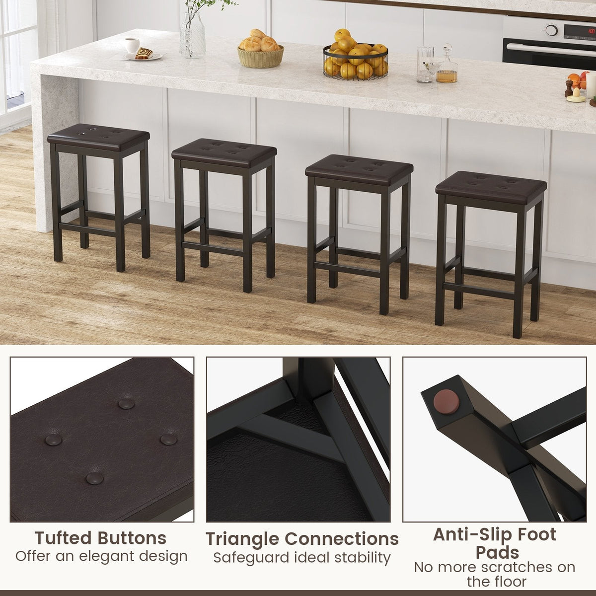 Backless Counter Stools with Button Tufted Brown Seat and Black Frame, 24 Inch Seat Height