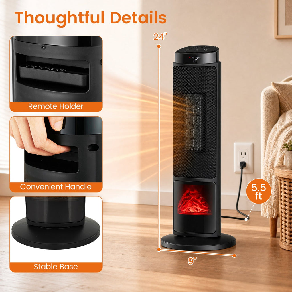 24 inch 1500W PTC Ceramic Tower Space Heater with 7-Color Flame-Black