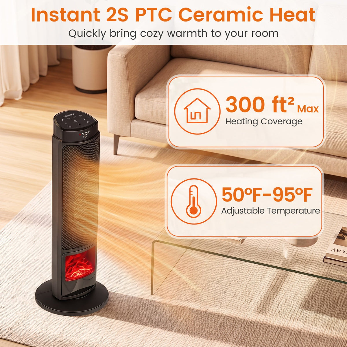 24 inch 1500W PTC Ceramic Tower Space Heater with 7-Color Flame-Black