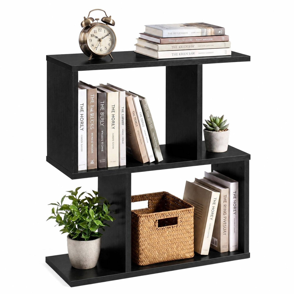 S Shape Geometric Bookshelf, 3 Tier Open Display Shelf, Black