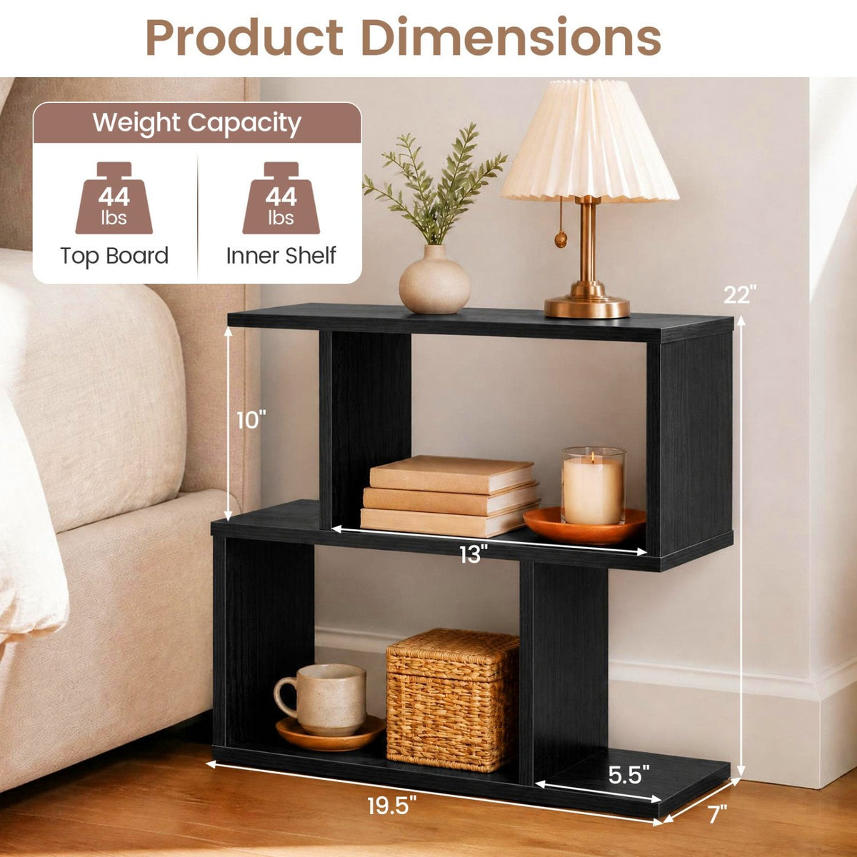S Shape Geometric Bookshelf, 3 Tier Open Display Shelf, Black