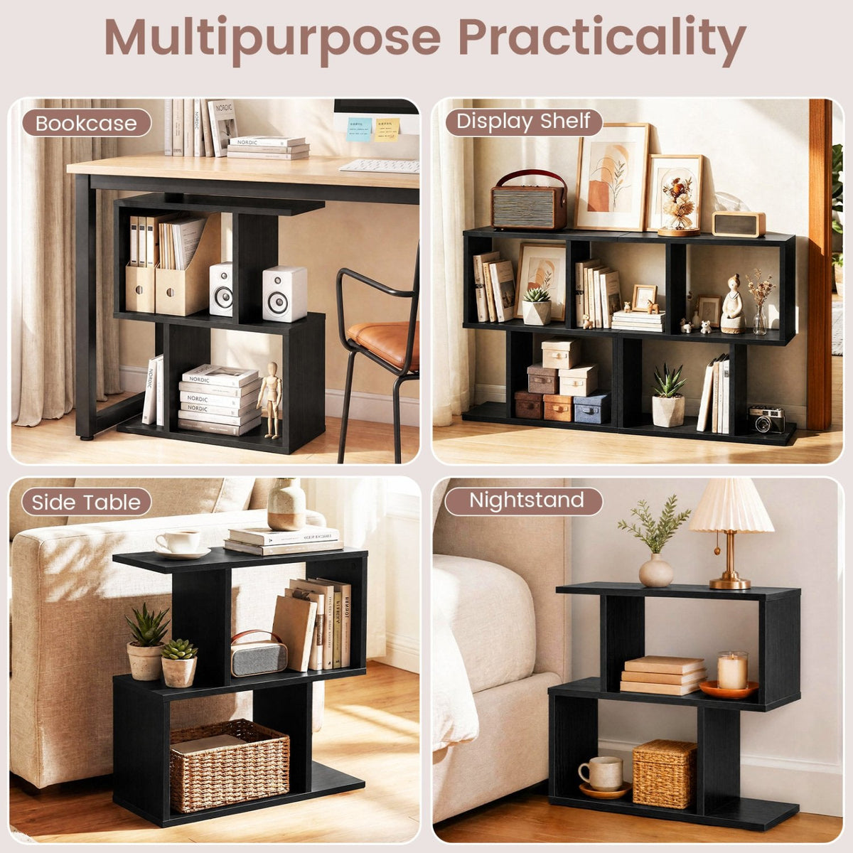 S Shape Geometric Bookshelf, 3 Tier Open Display Shelf, Black