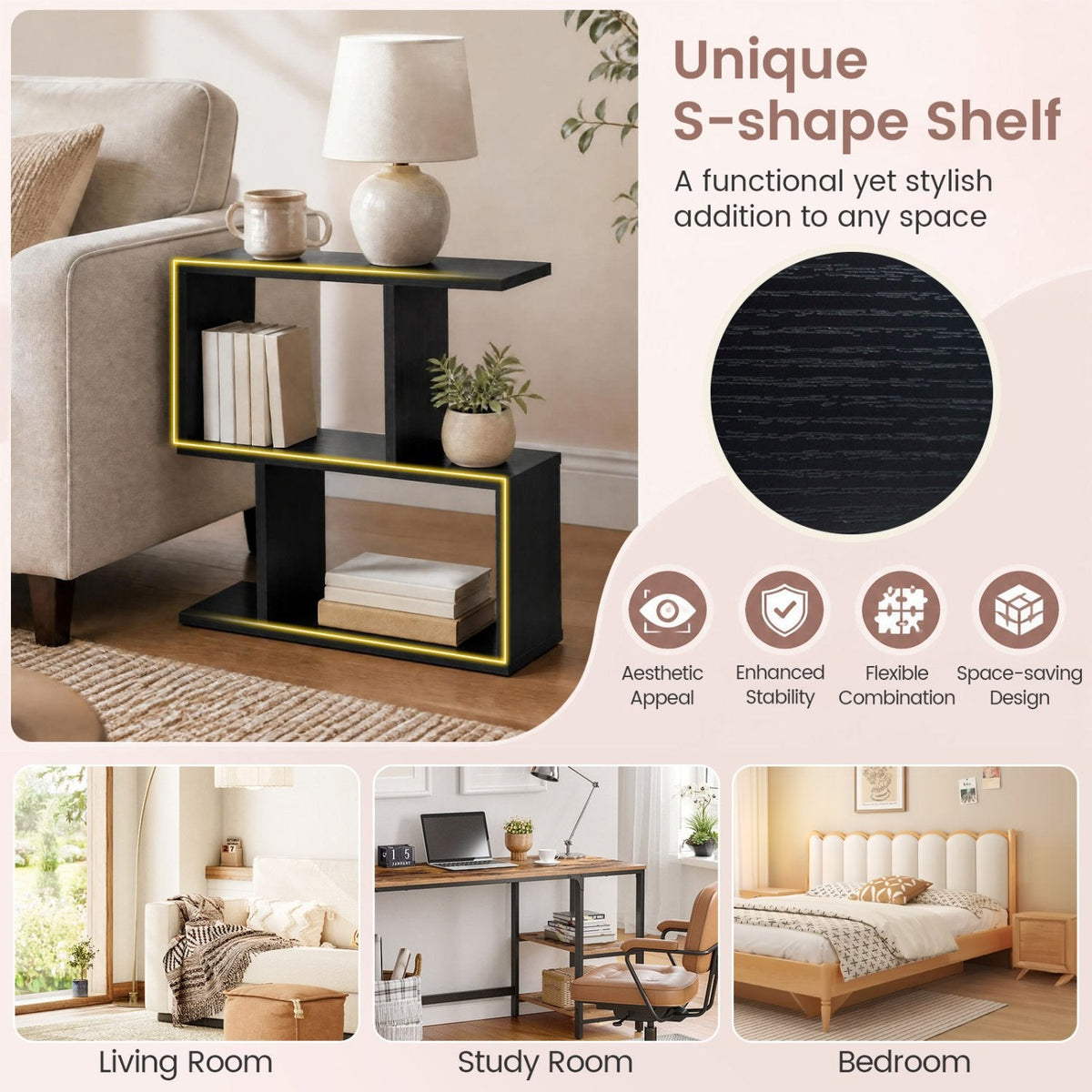 S Shape Geometric Bookshelf, 3 Tier Open Display Shelf, Black