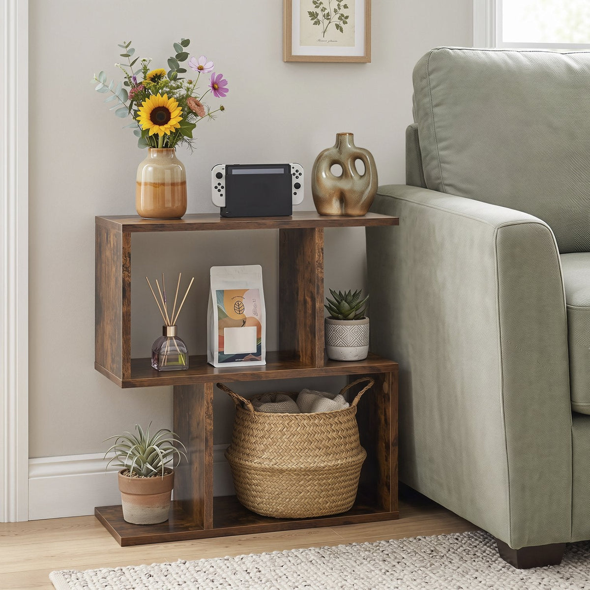 S Shape Geometric Bookshelf, 3 Tier Open Display Shelf, Rustic Brown
