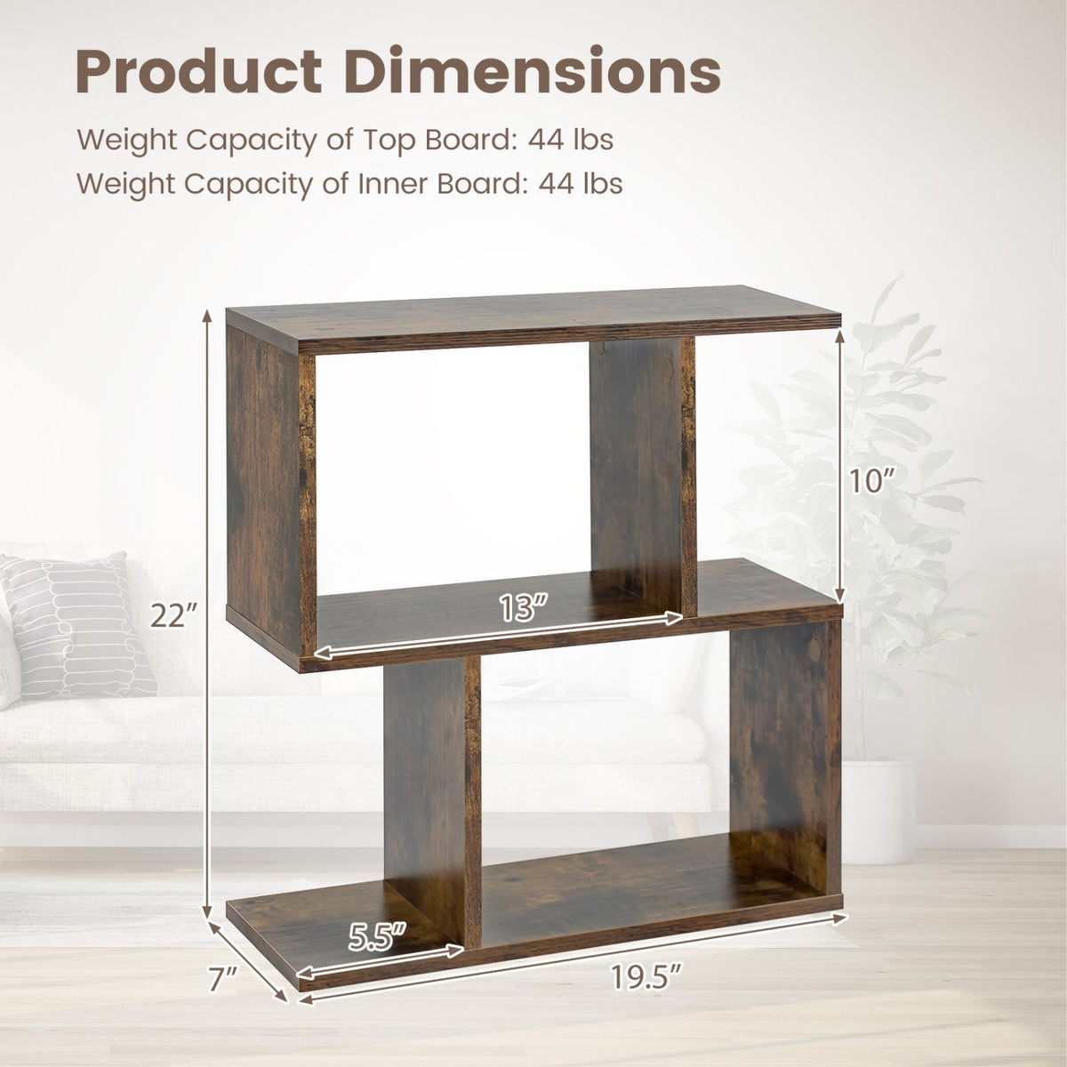 S Shape Geometric Bookshelf, 3 Tier Open Display Shelf, Rustic Brown