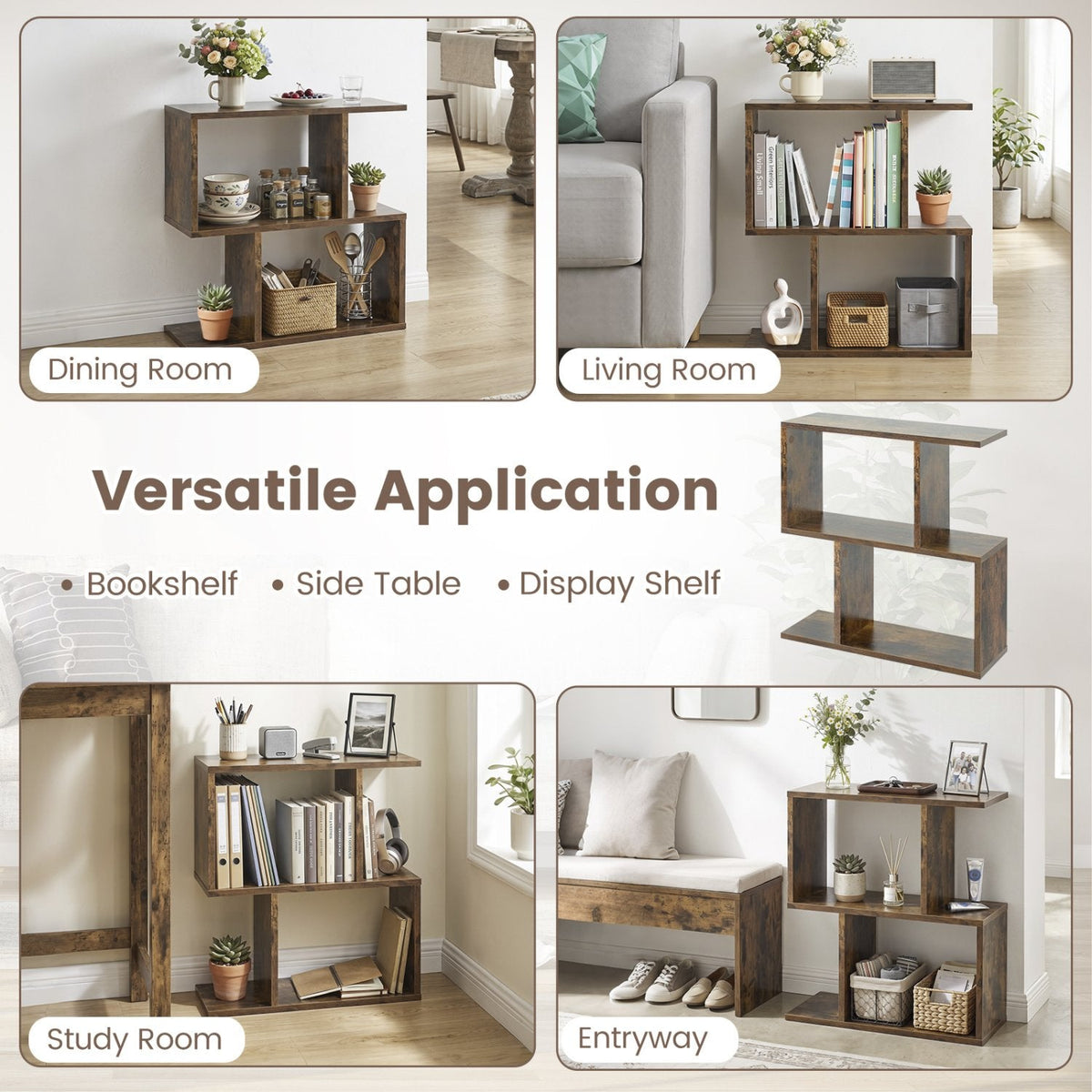 S Shape Geometric Bookshelf, 3 Tier Open Display Shelf, Rustic Brown