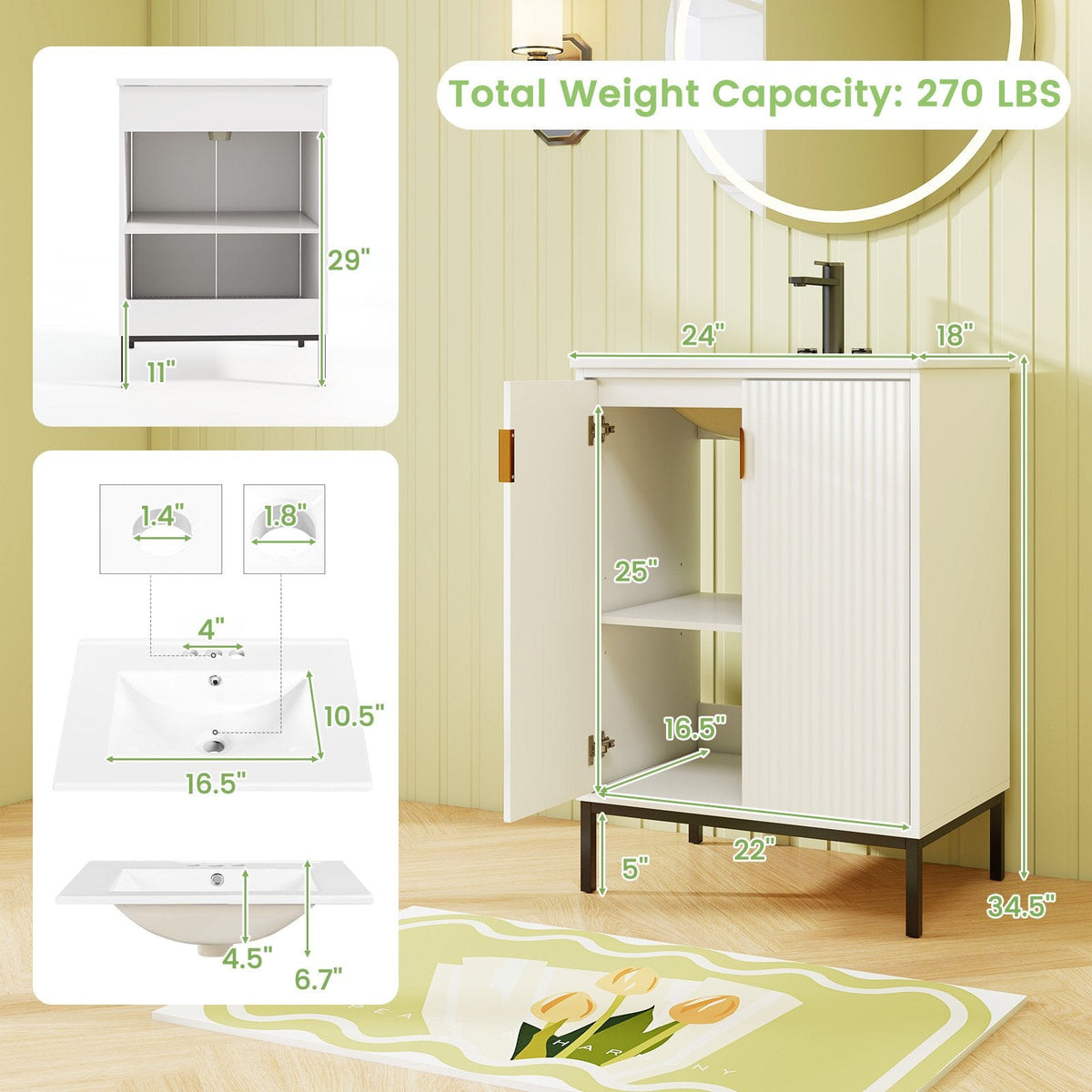 24 Inch Bathroom Vanity with Sink Combo and Adjustable Shelf-White