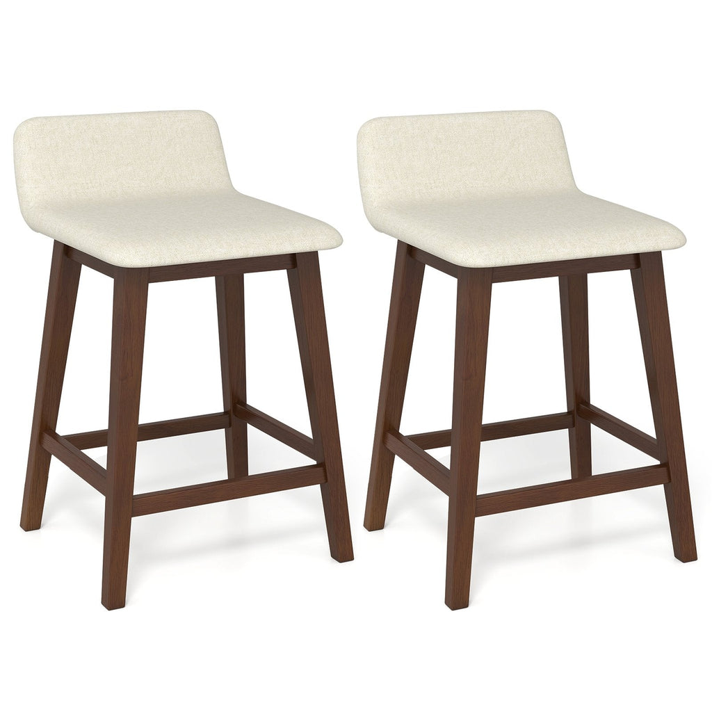 Set of 2 Low Back Counter Stools in Cream Faux Linen with Walnut Legs, 24 Inch Seat Height