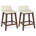 Set of 2 Low Back Counter Stools in Cream Faux Linen with Walnut Legs, 24 Inch Seat Height