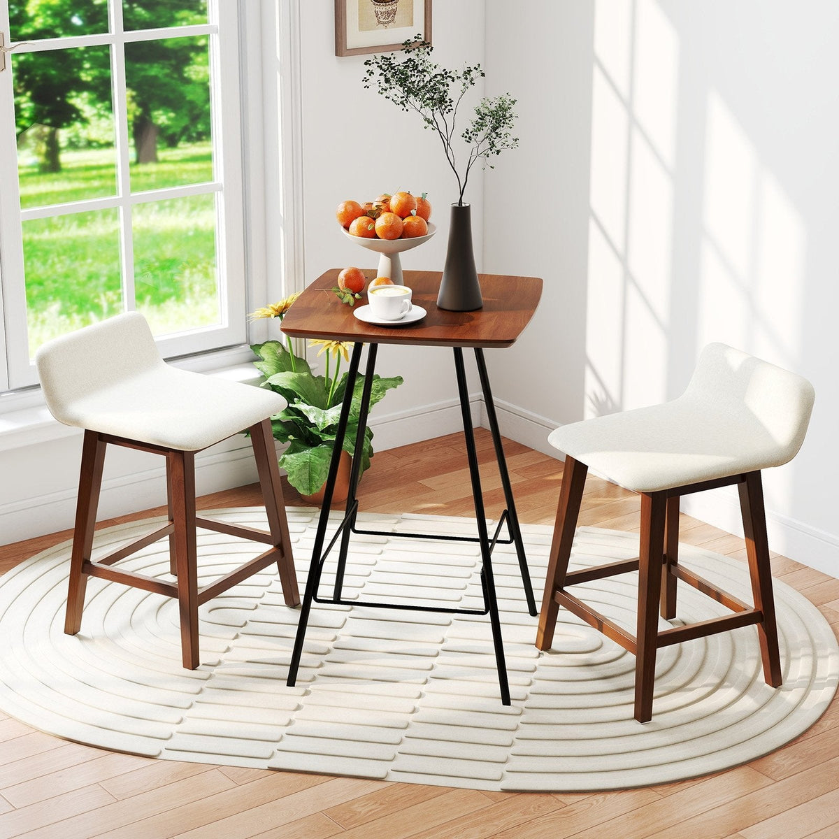 Set of 2 Low Back Counter Stools in Cream Faux Linen with Walnut Legs, 24 Inch Seat Height