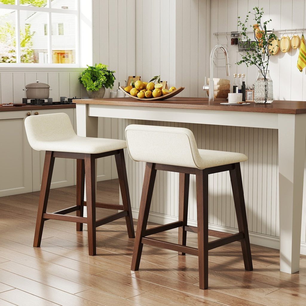 Set of 2 Low Back Counter Stools in Cream Faux Linen with Walnut Legs, 24 Inch Seat Height