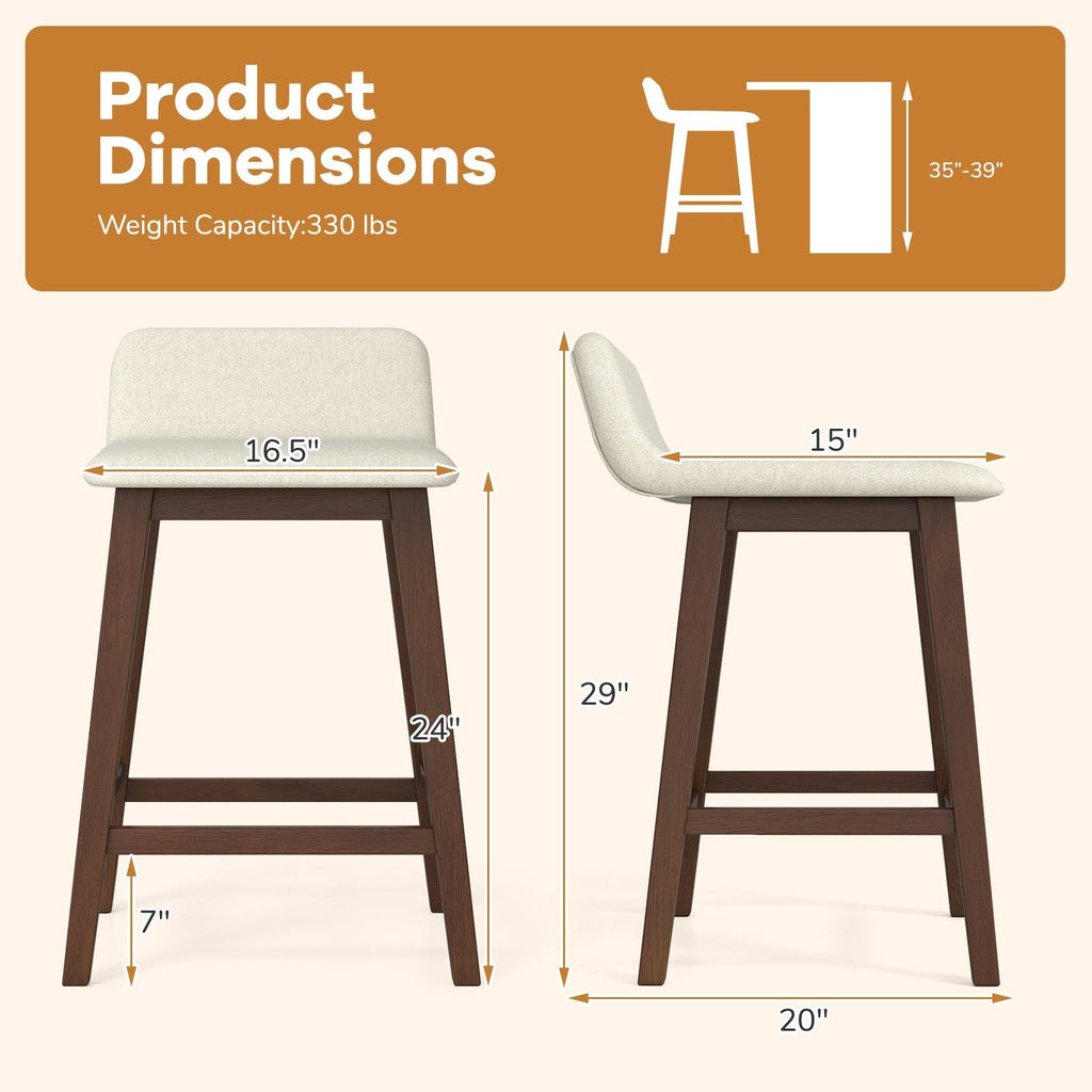 Set of 2 Low Back Counter Stools in Cream Faux Linen with Walnut Legs, 24 Inch Seat Height