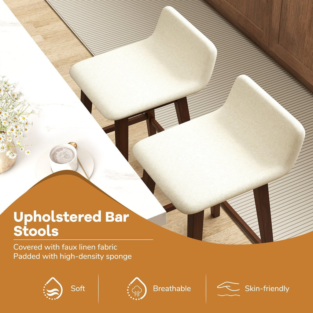 Set of 2 Low Back Counter Stools in Cream Faux Linen with Walnut Legs, 24 Inch Seat Height