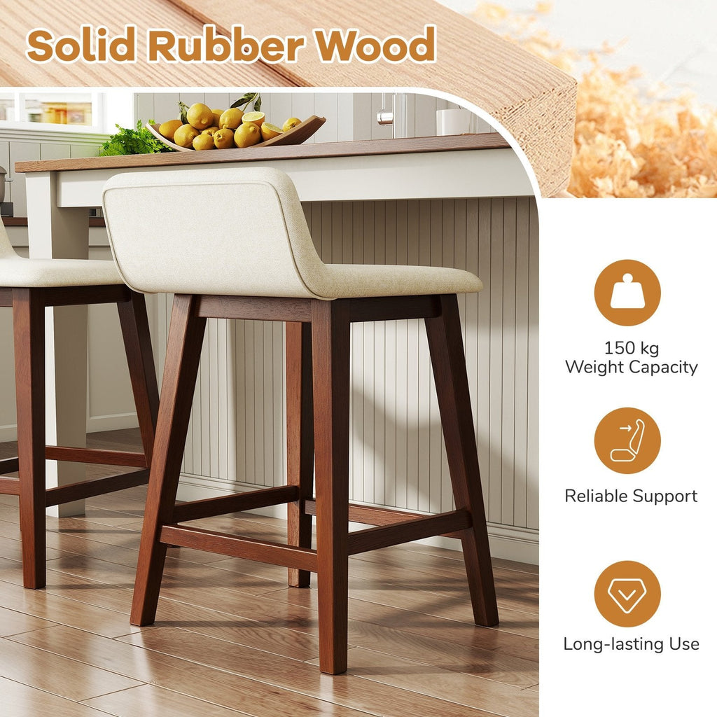 Set of 2 Low Back Counter Stools in Cream Faux Linen with Walnut Legs, 24 Inch Seat Height