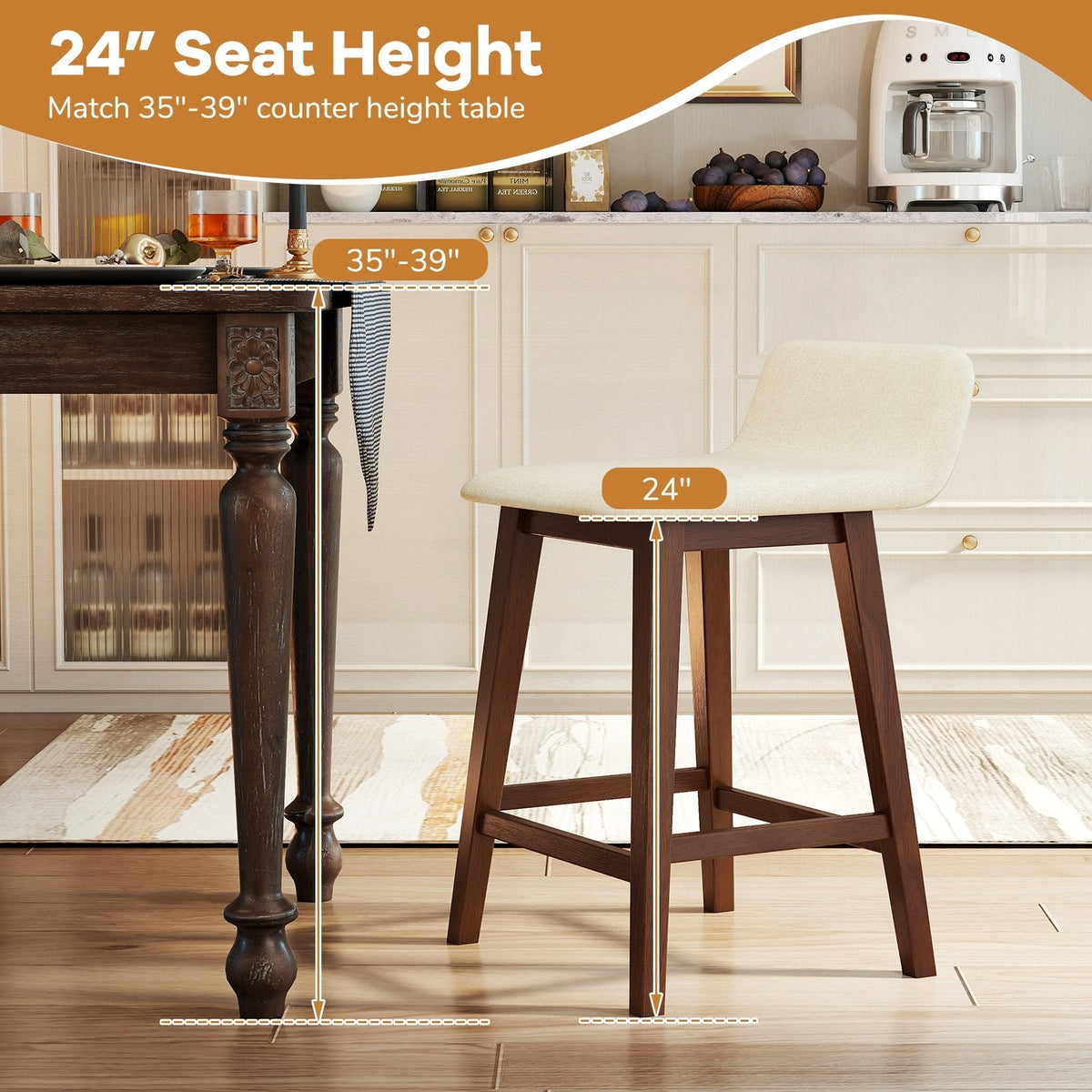 Set of 2 Low Back Counter Stools in Cream Faux Linen with Walnut Legs, 24 Inch Seat Height
