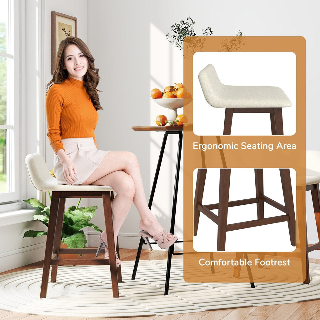 Set of 2 Low Back Counter Stools in Cream Faux Linen with Walnut Legs, 24 Inch Seat Height
