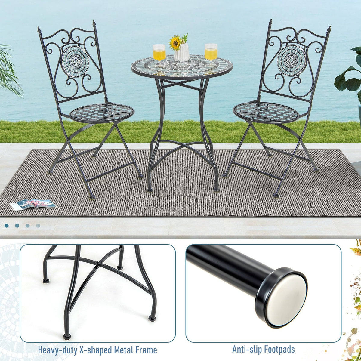 24 Inch Patio Bistro Table with Ceramic Tile Tabletop-Blue