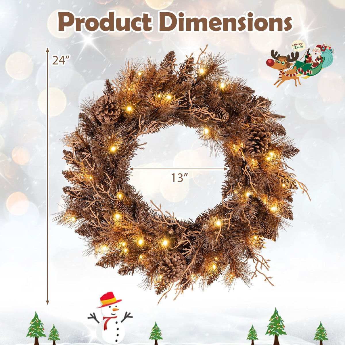 24 Inch Pre-lit Christmas Wreath with 105 Branch Tips and 35 Warm White LED Lights-1 piece