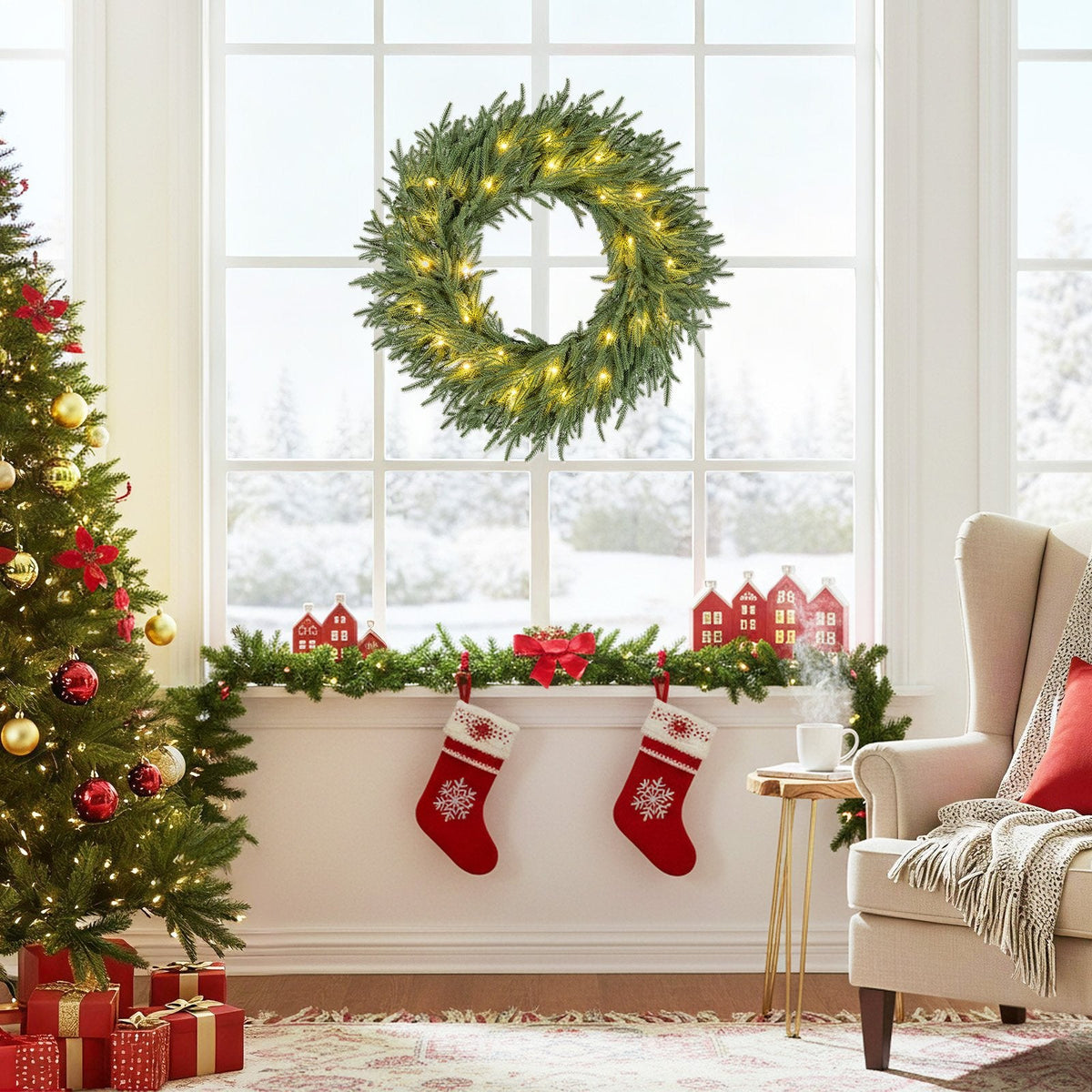 24 Inch Pre-lit Christmas Wreath with 108 Branch Tips and 35 Warm White LED Lights for Wall Window-2 piece