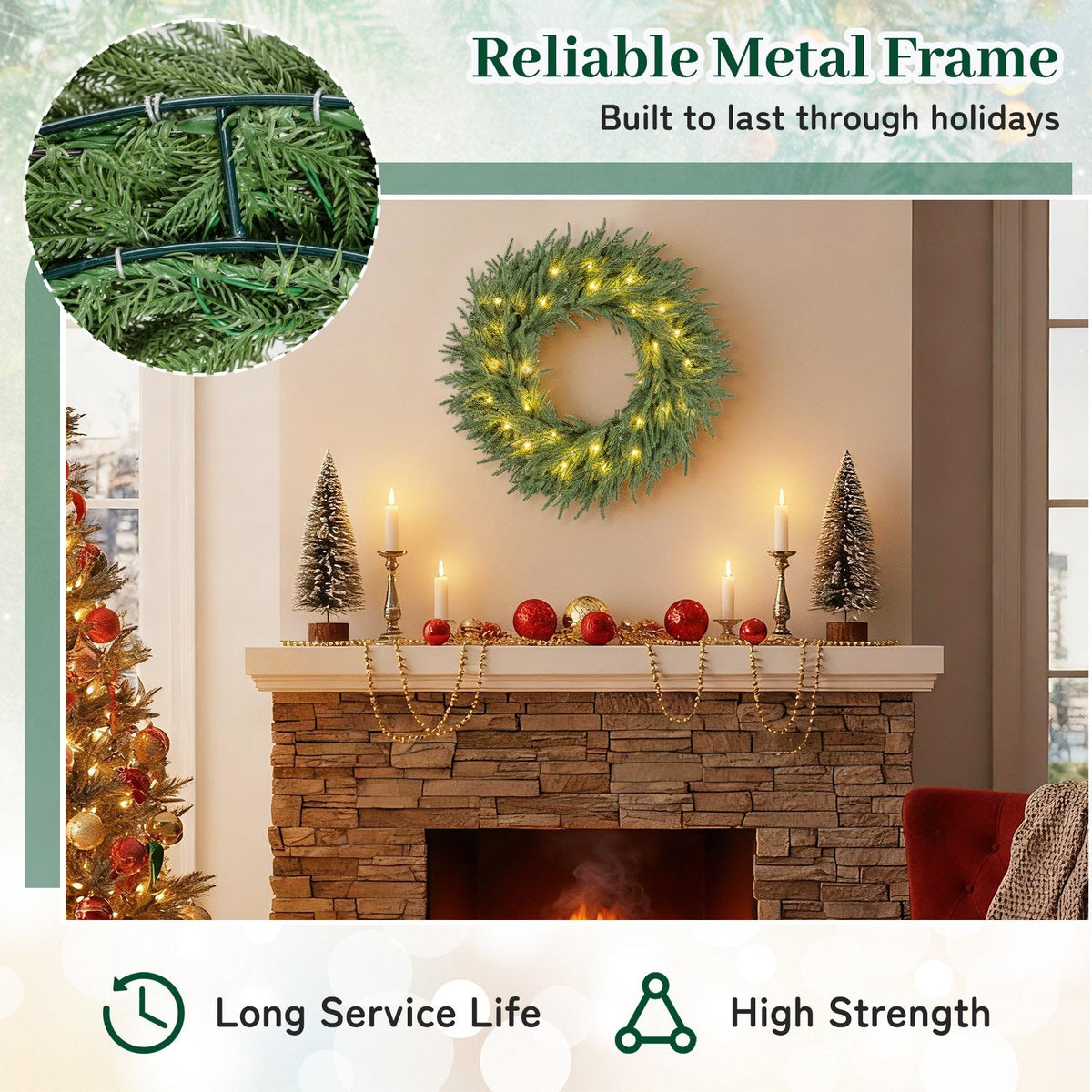 24 Inch Pre-lit Christmas Wreath with 108 Branch Tips and 35 Warm White LED Lights for Wall Window-2 piece