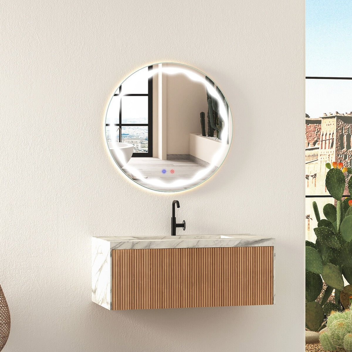 24 Inch Round Wall Mirror with 3-Color LED Lights and Smart Touch Button