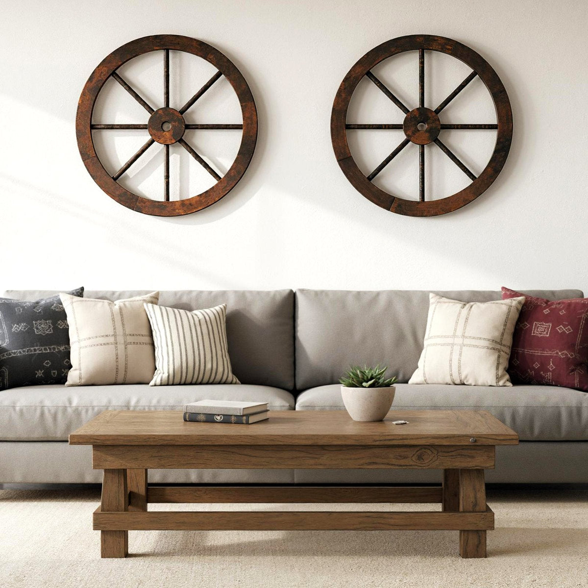 24 Inch Set of 2 Decorative Wooden Wagon Wheel Carbonized Solid Fir Wood