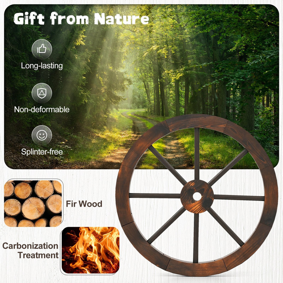 24 Inch Set of 2 Decorative Wooden Wagon Wheel Carbonized Solid Fir Wood