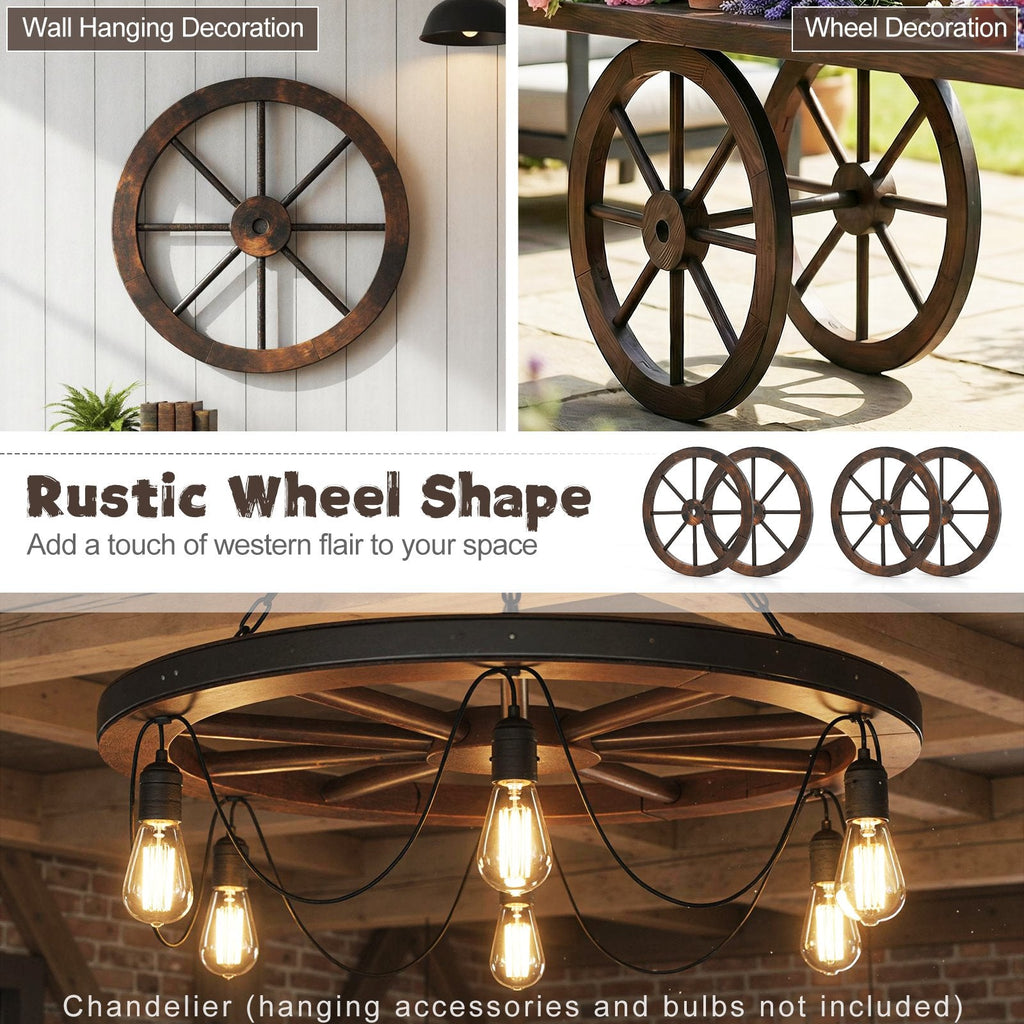 24 Inch Set of 2 Decorative Wooden Wagon Wheel Carbonized Solid Fir Wood
