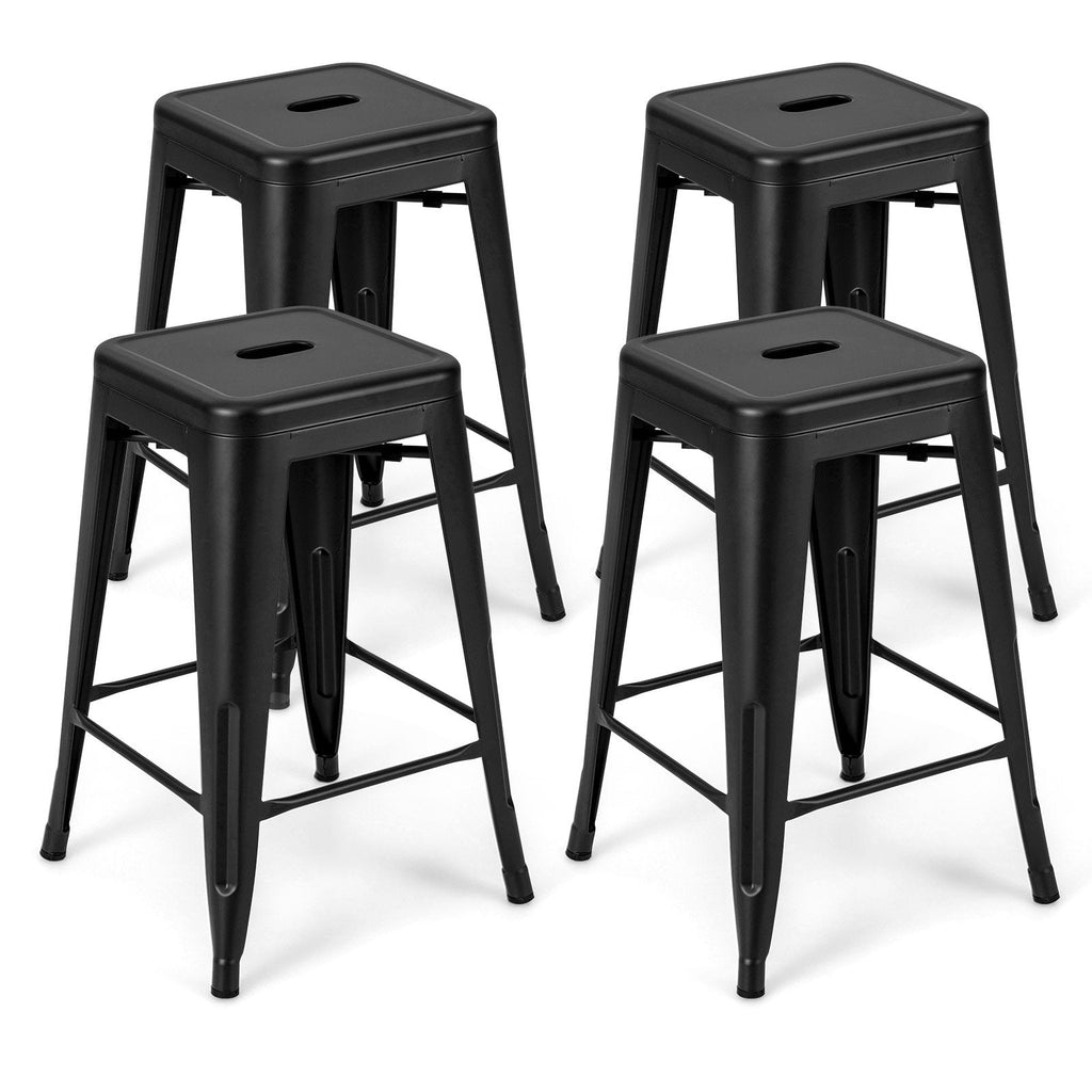 Set of 4 Stackable Metal Counter Stools in Black, 24 Inch Seat Height, Backless with Handle Slot