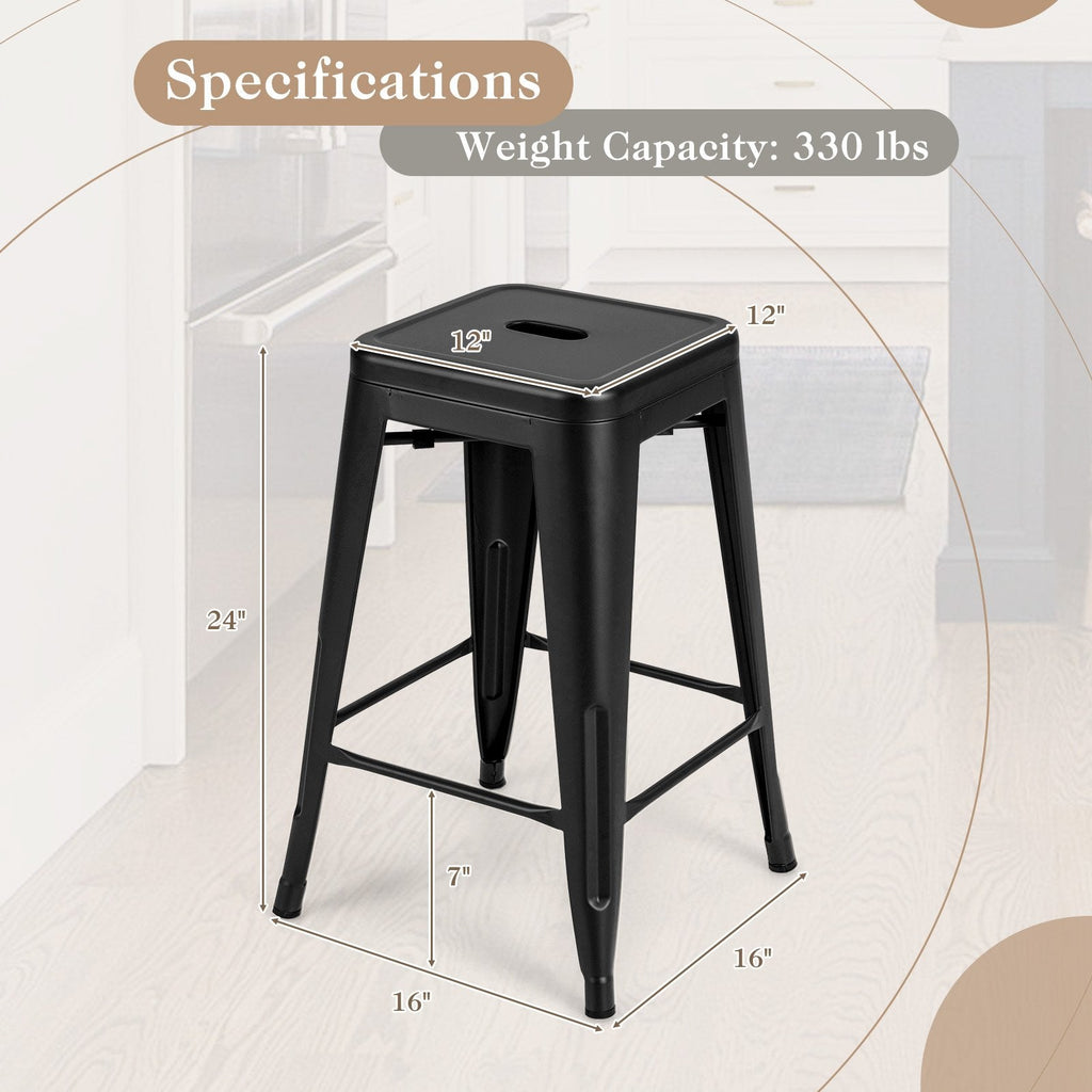 Set of 4 Stackable Metal Counter Stools in Black, 24 Inch Seat Height, Backless with Handle Slot