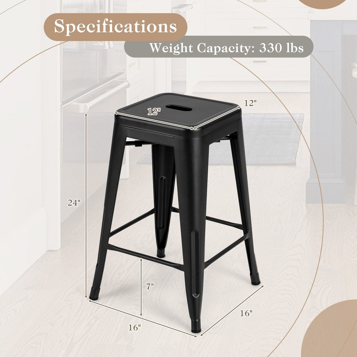 Set of 4 Stackable Metal Counter Stools in Black, 24 Inch Seat Height, Backless with Handle Slot