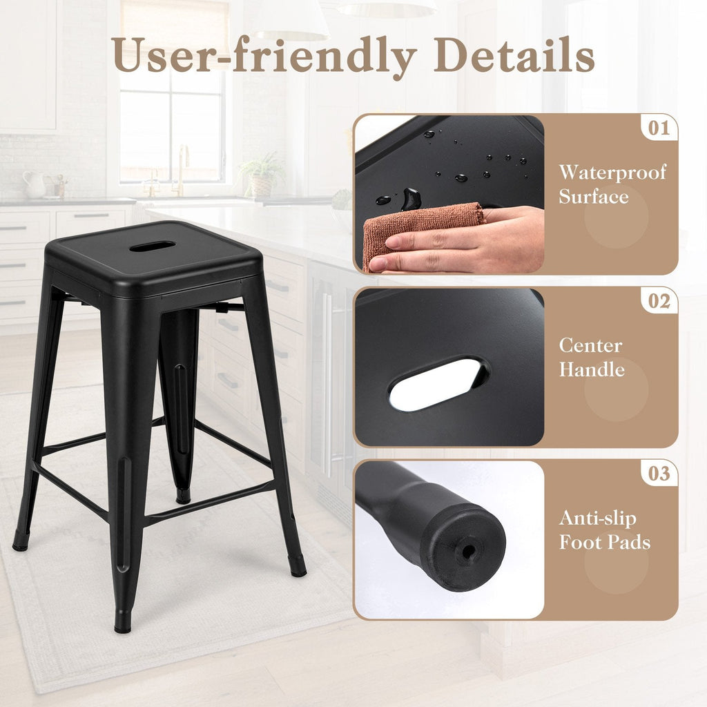 Set of 4 Stackable Metal Counter Stools in Black, 24 Inch Seat Height, Backless with Handle Slot