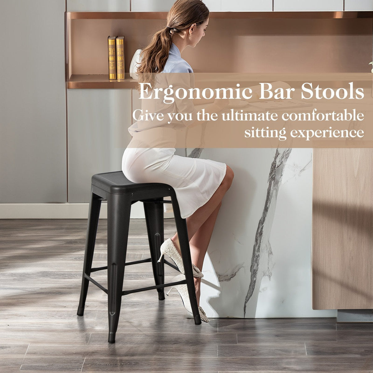 Set of 4 Stackable Metal Counter Stools in Black, 24 Inch Seat Height, Backless with Handle Slot