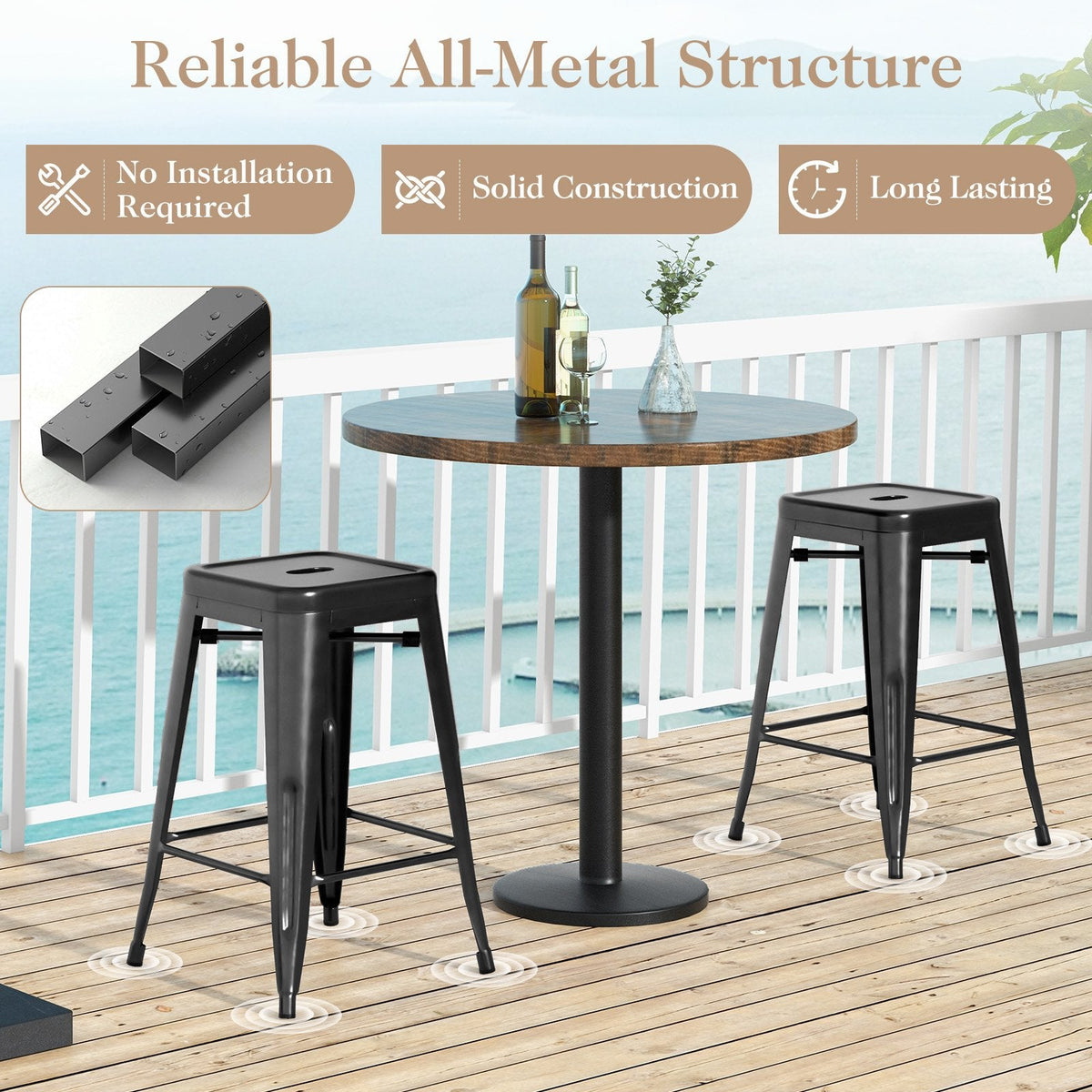 Set of 4 Stackable Metal Counter Stools in Black, 24 Inch Seat Height, Backless with Handle Slot