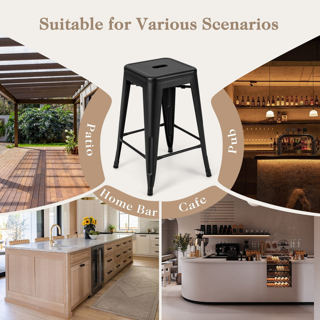 Set of 4 Stackable Metal Counter Stools in Black, 24 Inch Seat Height, Backless with Handle Slot