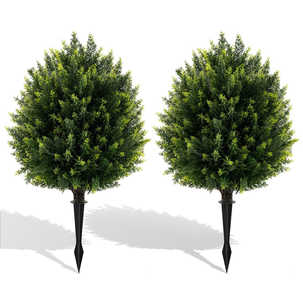 24 Inches Artificial Cypress Topiary Ball Tree Set with Ground Spike-Green