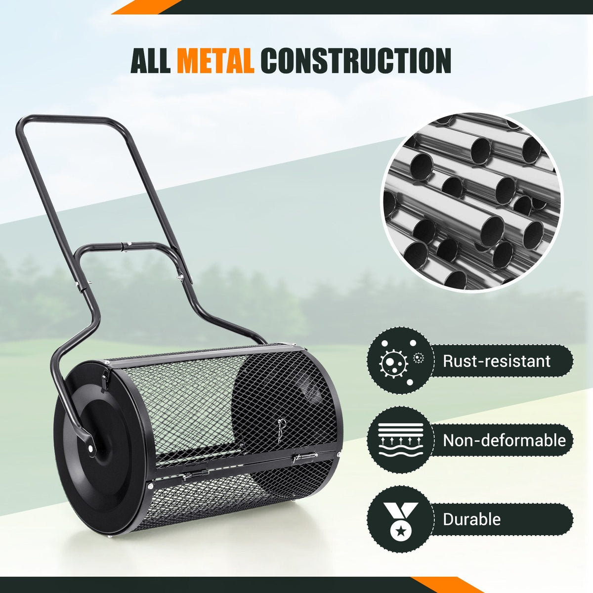 24” Peat Moss Spreader with Upgrade Side Latches and U-shape Handle-Black