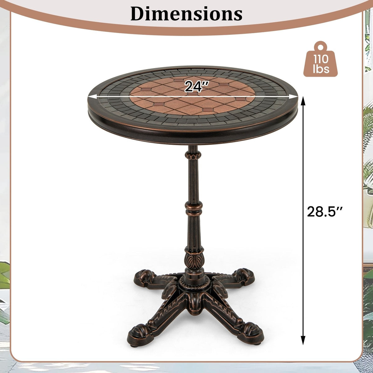 24 inches Round Patio Dining Table Weather-resistant Cast Aluminum Table-Bronze