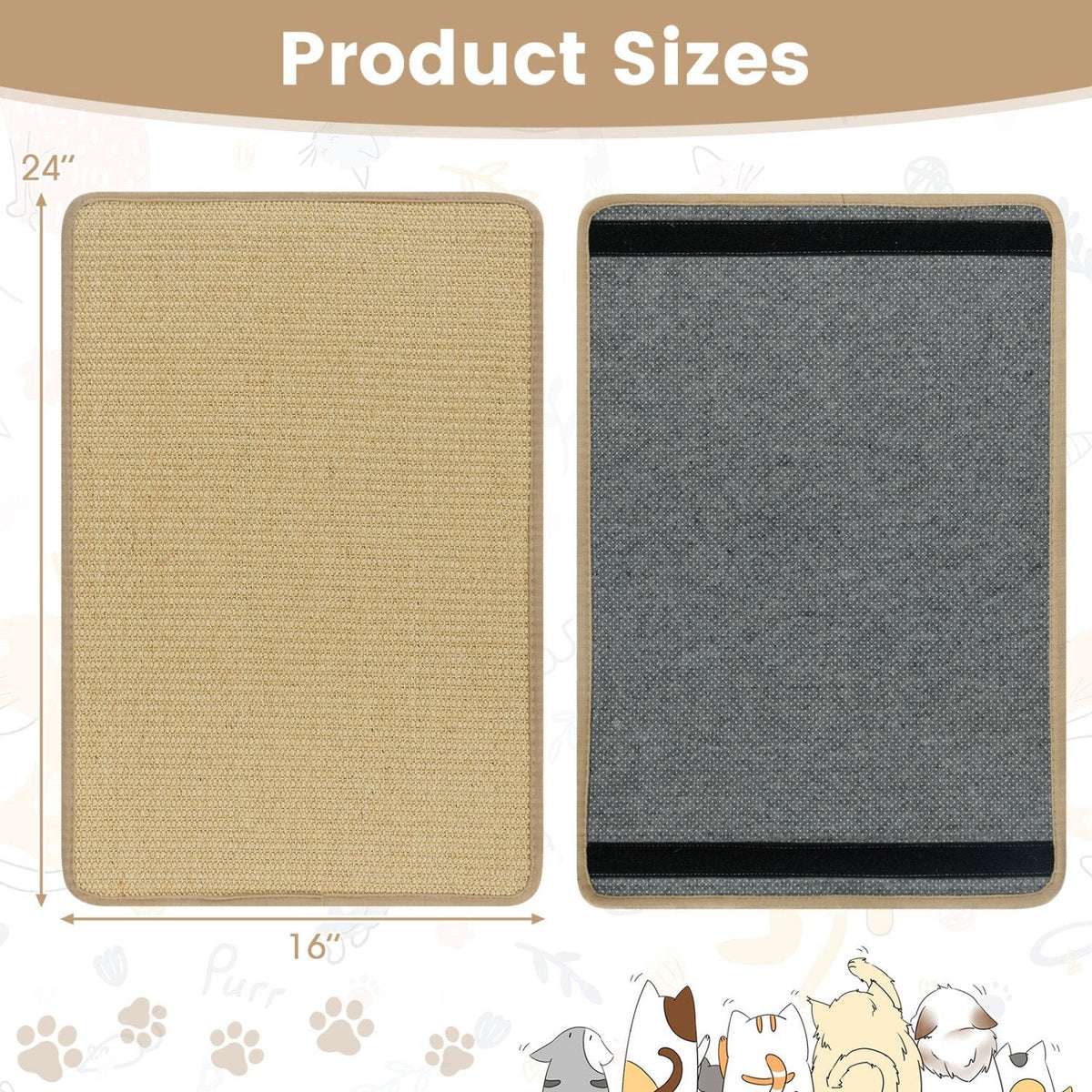6 Piece Cat Scratcher Mat Set, 24 x 16 Inch Natural Sisal Pads for Sofas, Walls and Floors