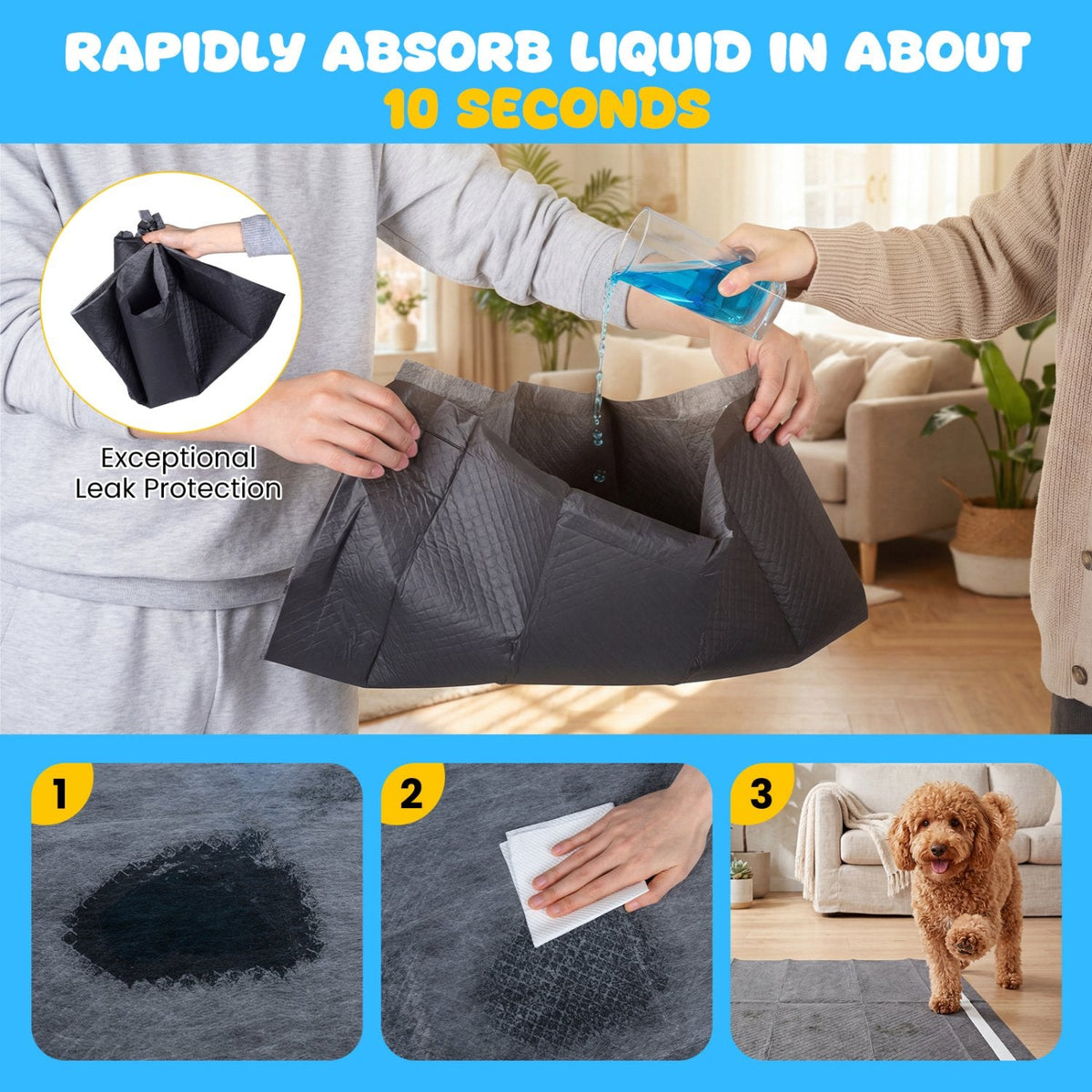24 inches x 24 inches Charcoal Dog Pee Pads 6-Layer for Dogs-Black