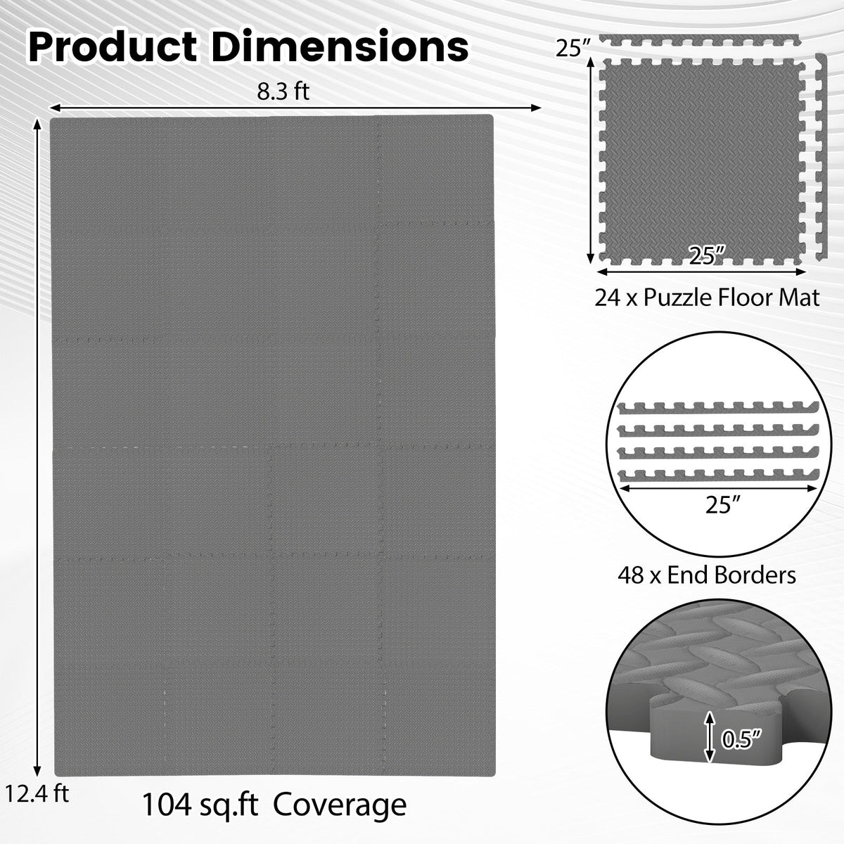 24Tiles 1/2 inches Puzzle Exercise Floor Mats-Gray