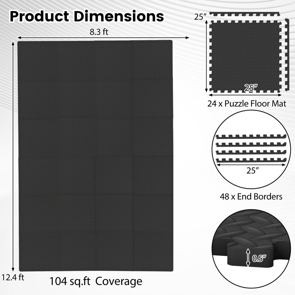 24Tiles 1/2 inches Puzzle Exercise Floor Mats-Black