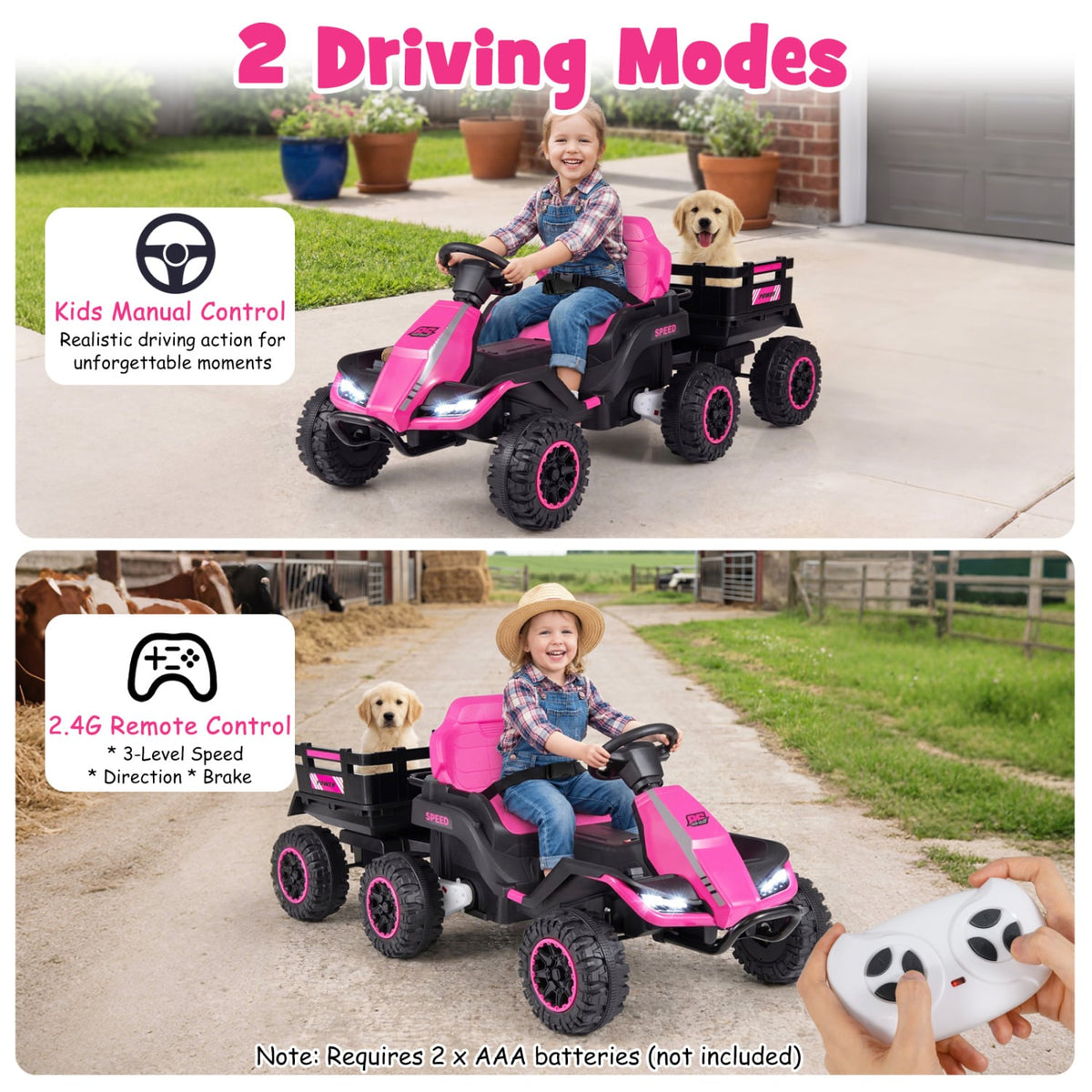 24V Kids Ride On Tractor with 2 Driving Modes, USB Media Centre and 2.4G Remote, Pink