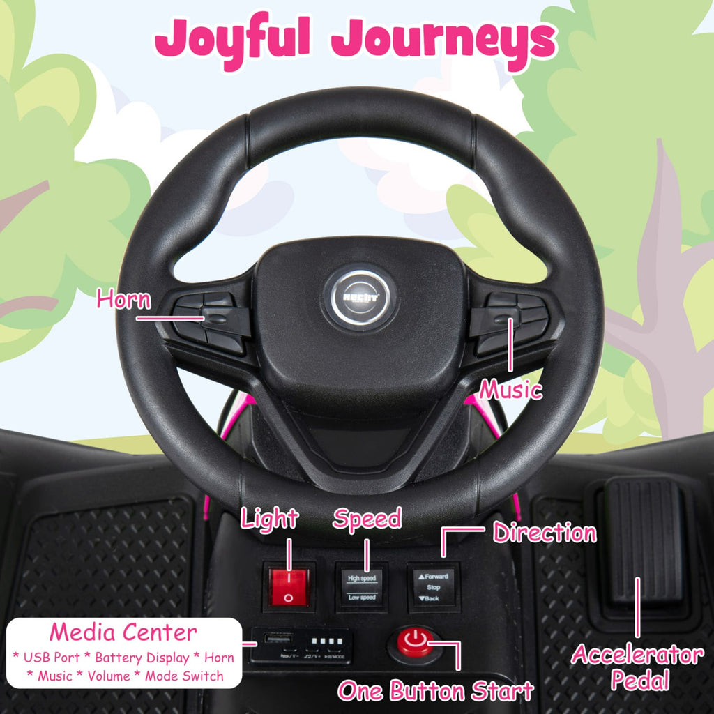 24V Kids Ride On Tractor with 2 Driving Modes, USB Media Centre and 2.4G Remote, Pink