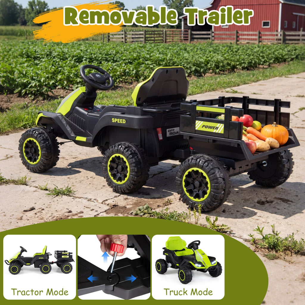 24V Kids Ride On Tractor with Removable Trailer, Dual 65W Motors and 66 lb Load Capacity, Green