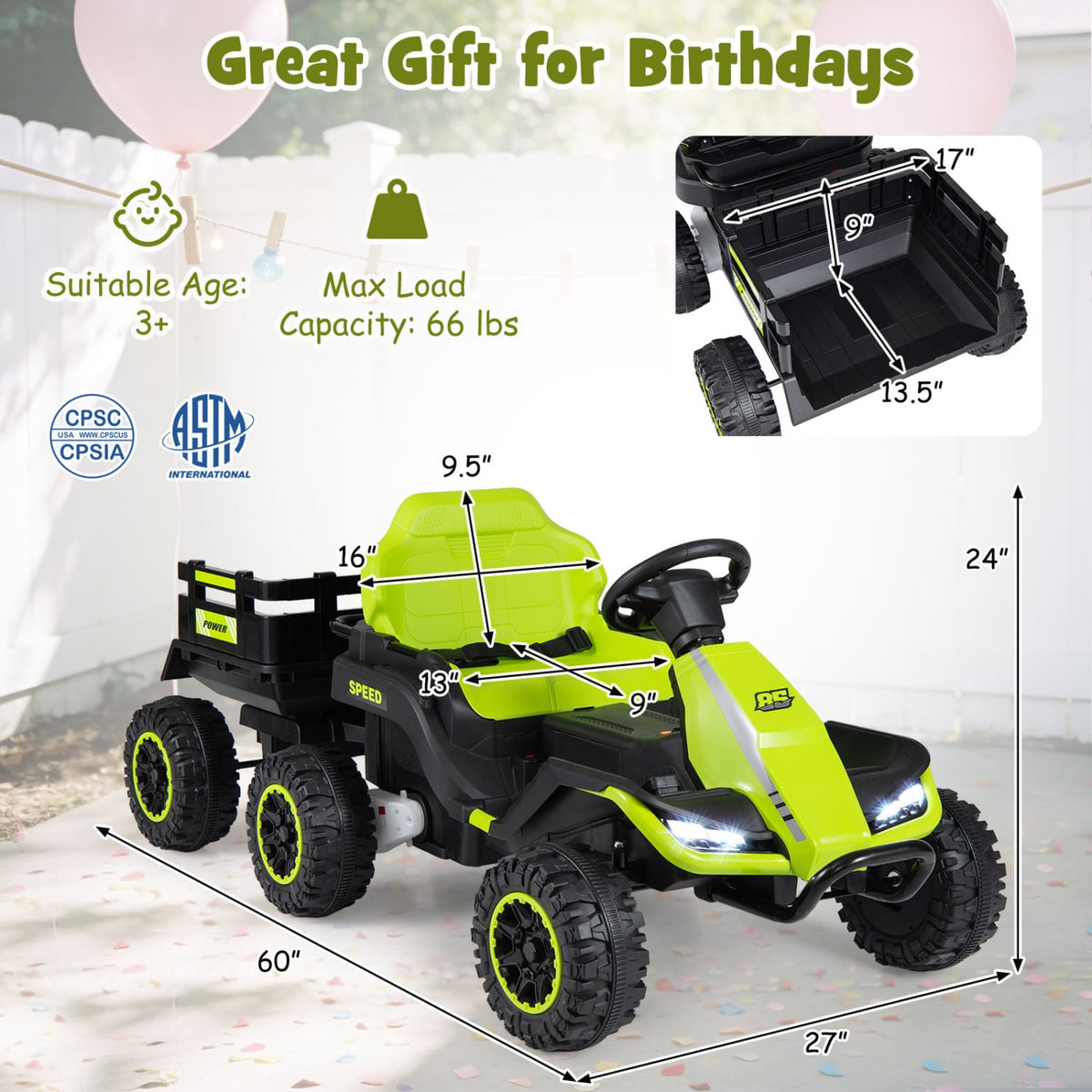 24V Kids Ride On Tractor with Removable Trailer, Dual 65W Motors and 66 lb Load Capacity, Green