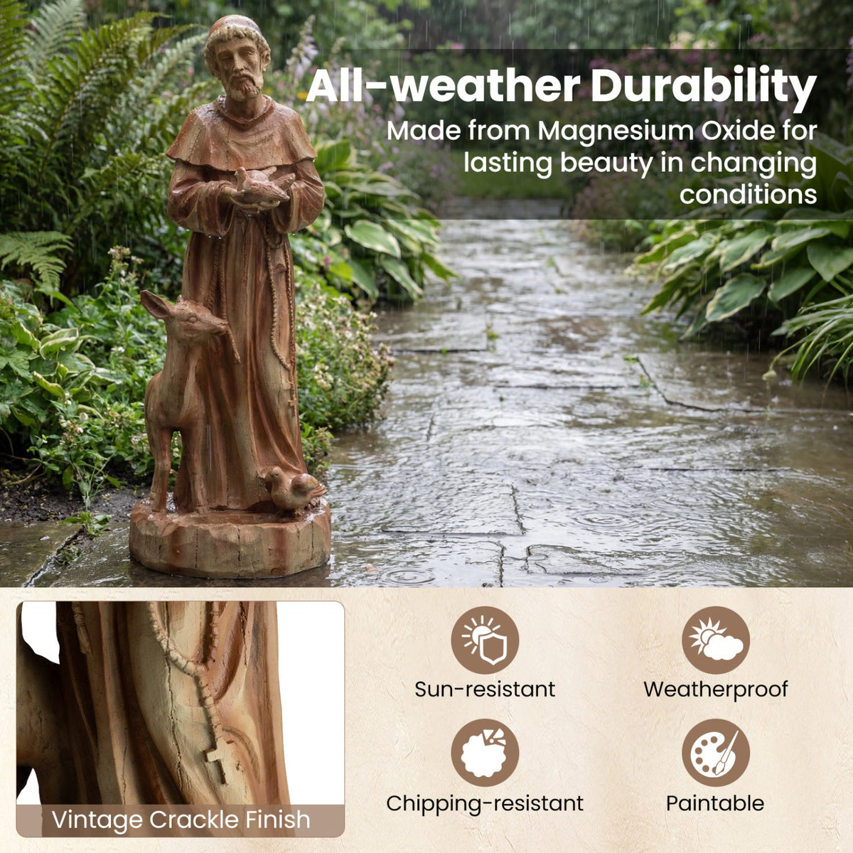 24.5 inch St. Francis Statue with Bird Feeder Saint Francis of Assisi with Animals Sculpture-Rustic Brown