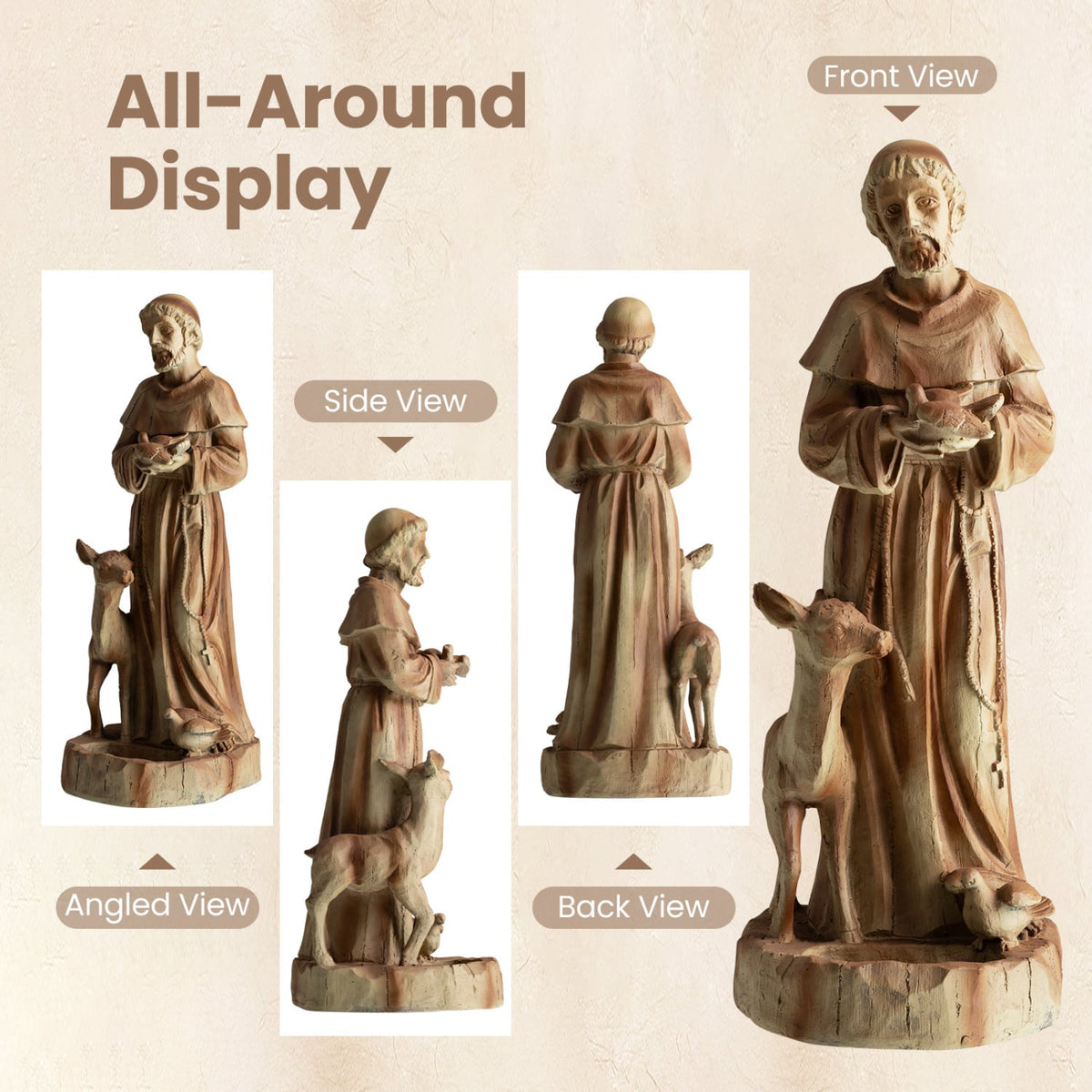 24.5 inch St. Francis Statue with Bird Feeder Saint Francis of Assisi with Animals Sculpture-Rustic Brown