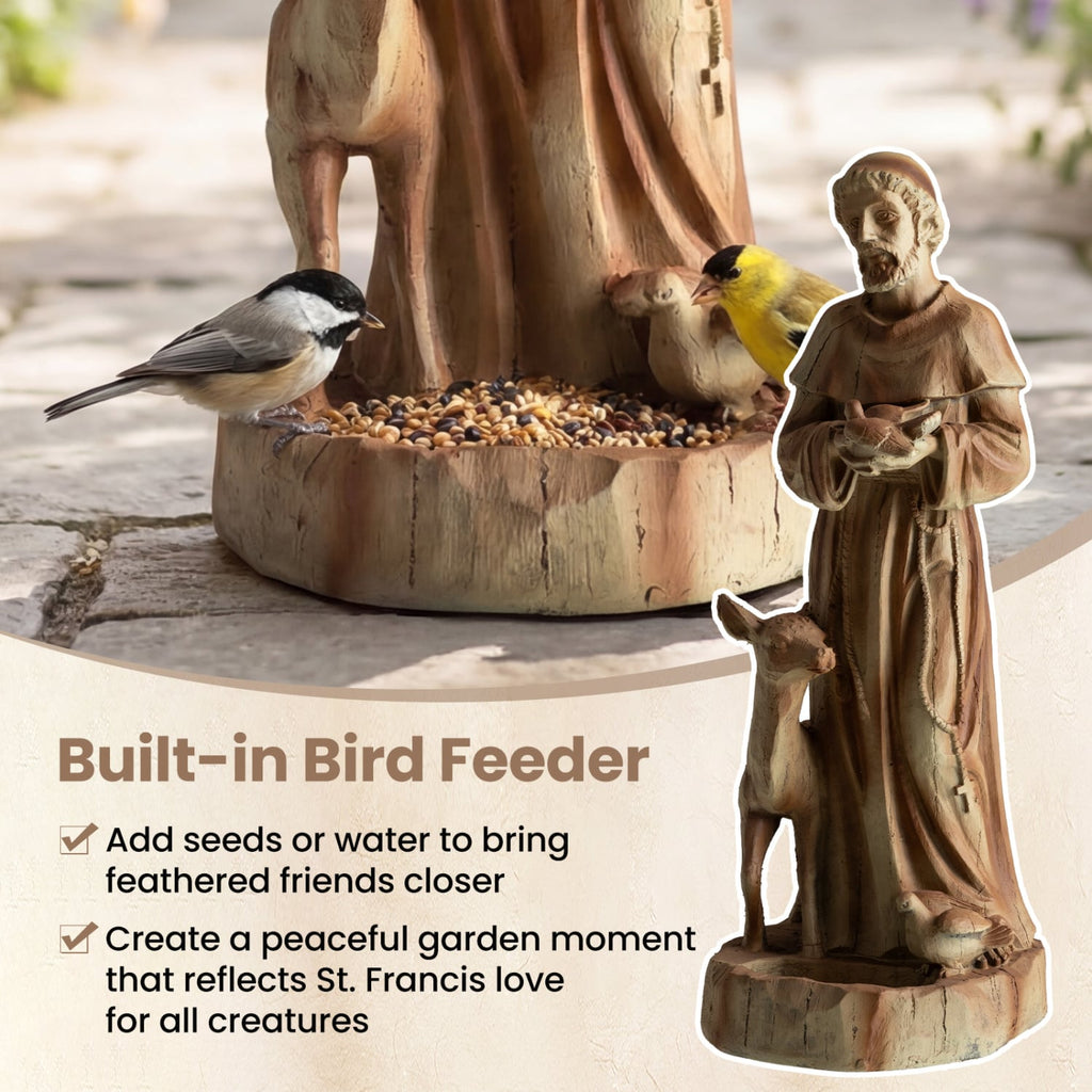 24.5 inch St. Francis Statue with Bird Feeder Saint Francis of Assisi with Animals Sculpture-Rustic Brown